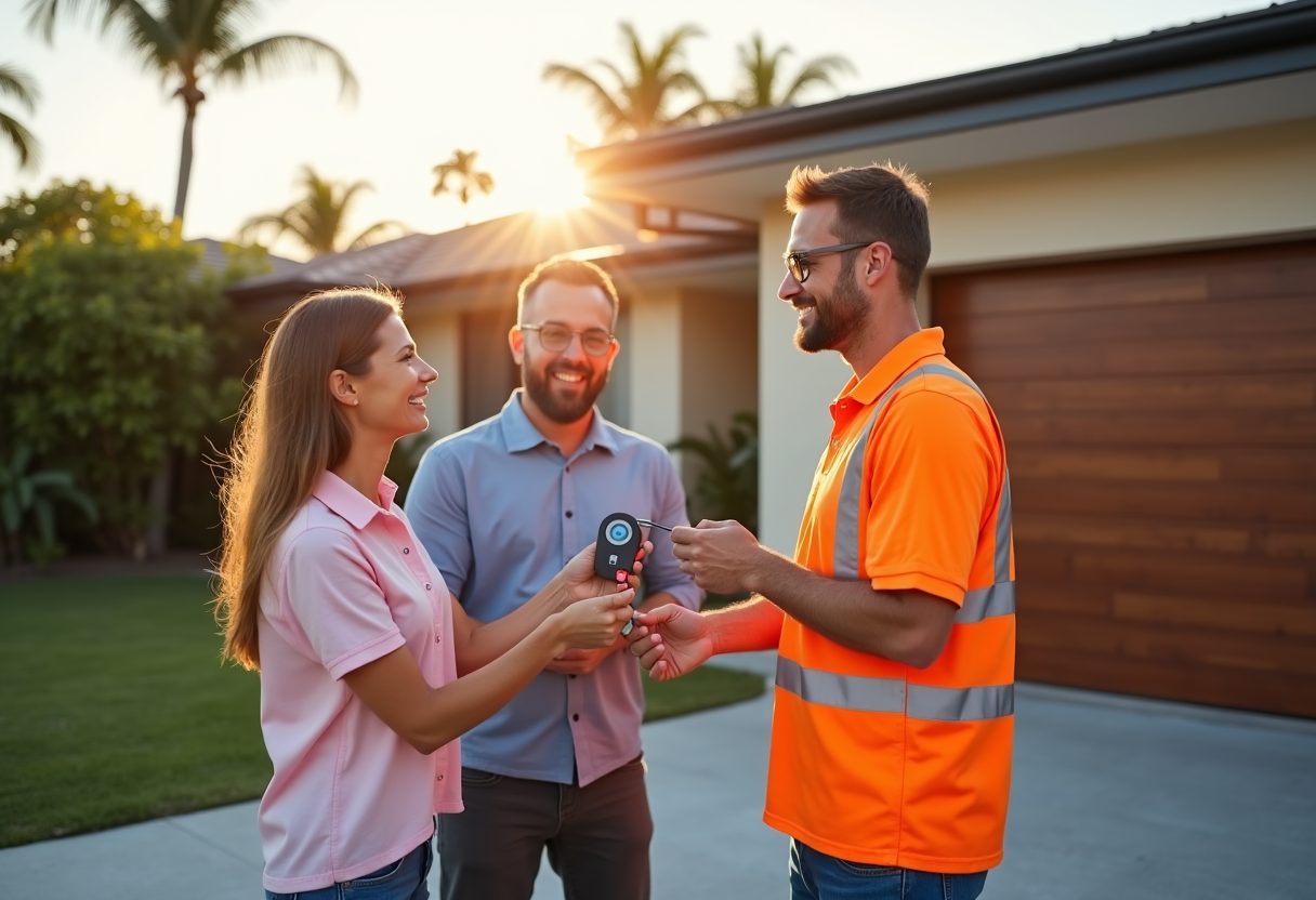 Technician handing over a garage remote at sunset — Mermaid Waters